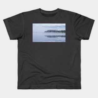 Calm foggy lake scape summer night Kids T-Shirt